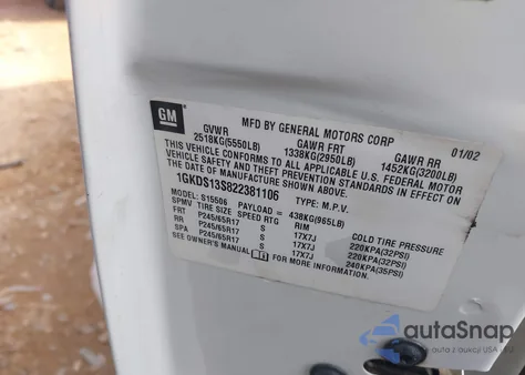 2002 GMC Envoy Slt from USA, damaged, VIN 1GKDS13S822381106